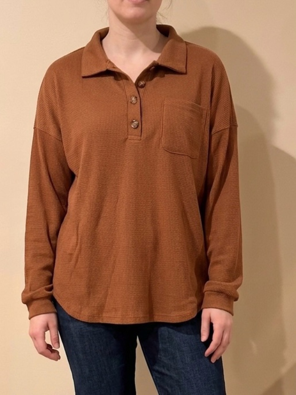 Waffle Knit Polo Pullover in Warm Brown